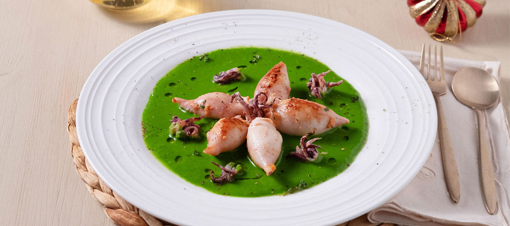 Calamari ripieni su crema di cime di rapa